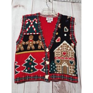 Heartworks Kids Vintage Christmas Gingerbread Sweater Vest Red Medium 10/12